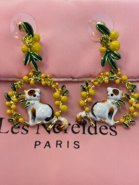 Les Néréides Cat Hoop Earrings Yellow Enamel Floral Paris Statement
